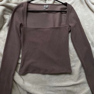 Brown Square Neck Long Sleeve Top